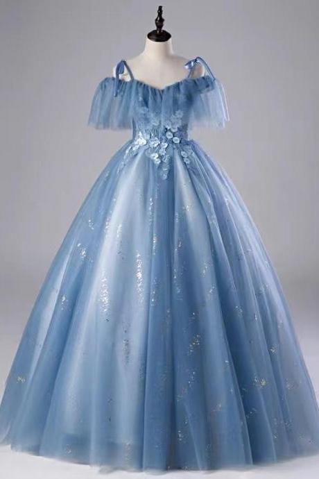 Blue party dress, off-the-shoulder evening dress, blue ball gown,Custom Made