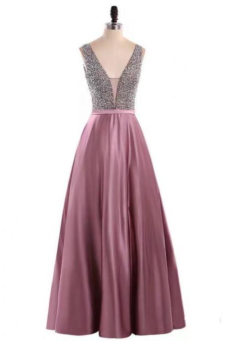 Pink Evening Dresses, V-neck Evening Dresses, Sequined Party Dresses,Custom Made