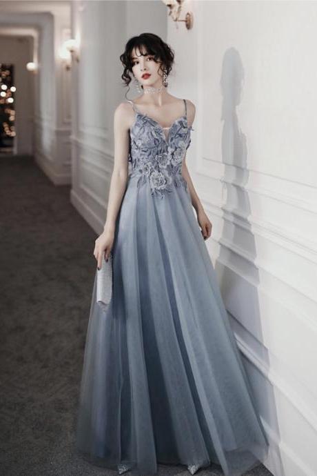Style, Deep V Neck Blue Prom Dress, Long Sexy Evening Dress With Applique,custom Made