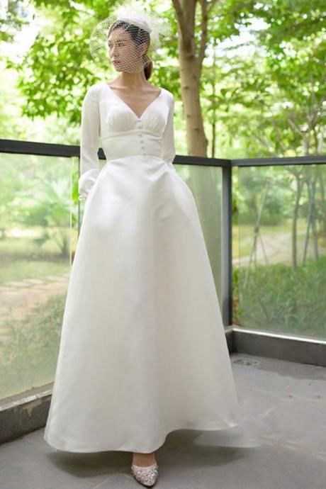 ,light Satin Wedding Dress, Simple Long Sleeves Bridal Dress, Floor Length,custom Made