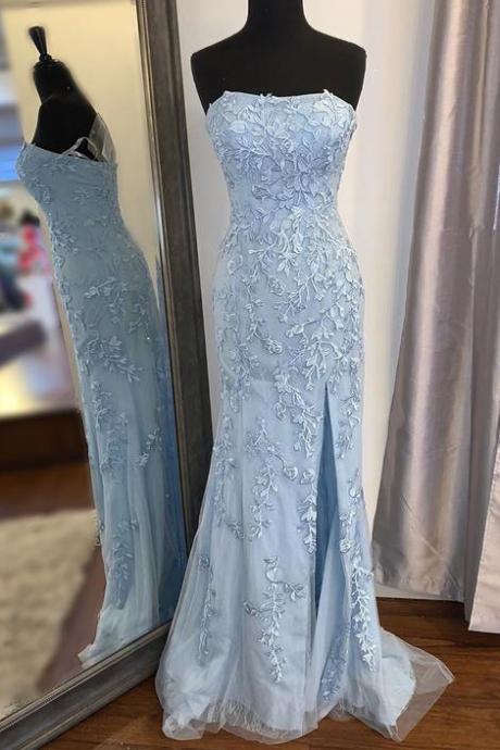 Blue Prom Dress Slit Skirt, Formal Ball Dress, Evening Dress, Dance Dresses, School Party Gown