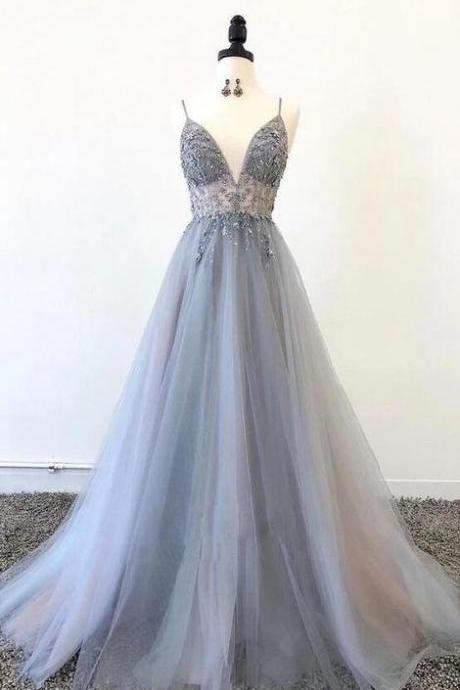 Sexy Blue Grey Prom Dress Sheer Top, Formal Dress, Evening Dress, Dance Dresses, School Party Gown
