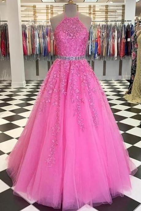 Style Pink Prom Dress 2021 Halter Neckline