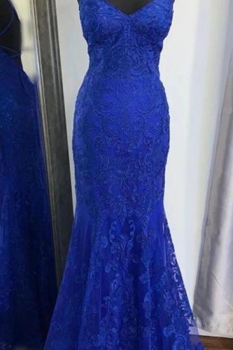 Blue Lace Prom Dress Long, Evening Dress, Formal Dress, Graduation School Party Gown