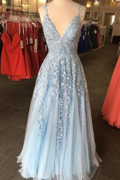 Light Blue Lace Prom Dress 2020, Evening Dress, Formal Dress, Graduation School Party Gown