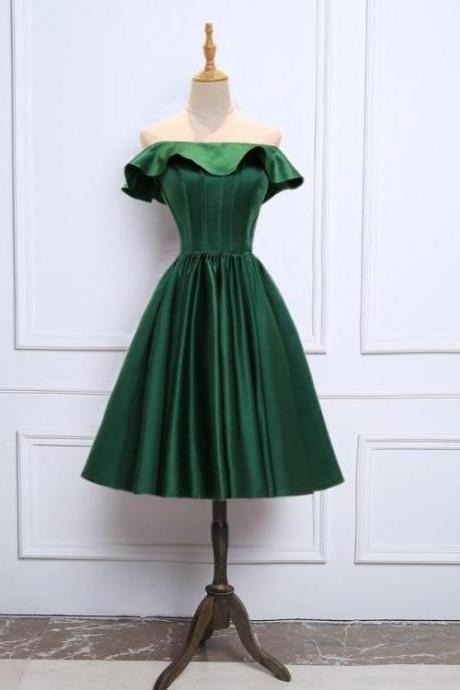 Green Satin Off Shoulder Knee Length Bridesmaid Dress, Green Party Dresses Prom Dress