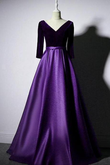 Dark Purple Long Sleeves V-neckline Velvet And Satin Long Party Dress, Long Evening Dress Prom Dress