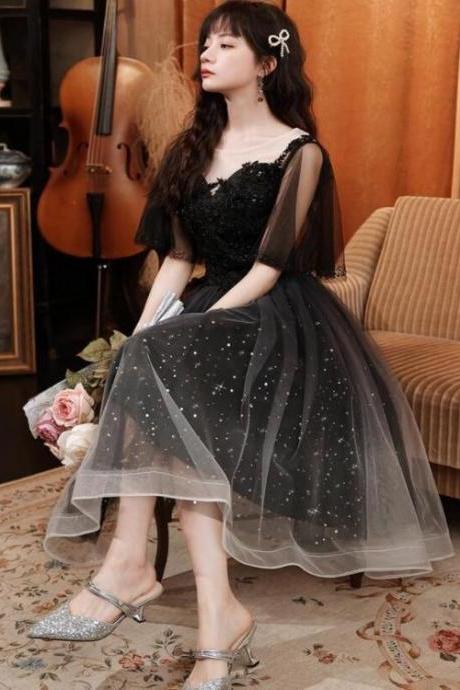 Black Tulle Gradient Short Sleeves Party Dress With Lace, Short Prom Dresses