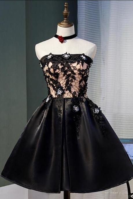 Black Satin With Lace Knee Length Prom Dress Homecoming Dress, Black Party Dresses