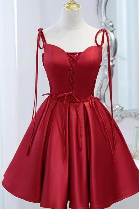 Wine Red Satin V-neckline Straps Beaded Short Prom Dress, Dark Red Party Dresses