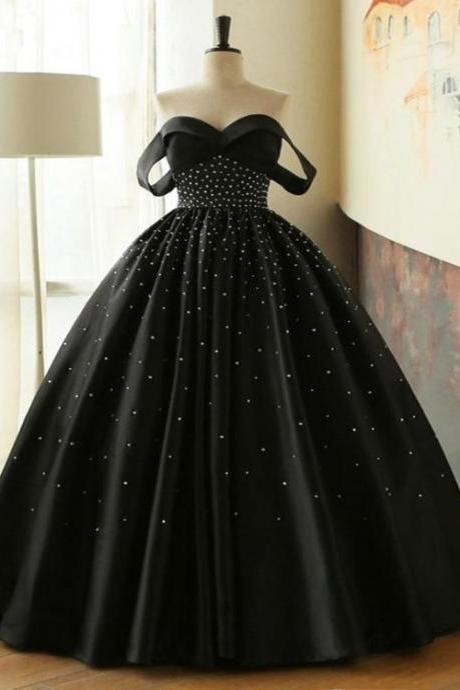 Black Satin Off Shoulder Beaded Floor Length Formal Dress, Black Prom Dress Party Dress
