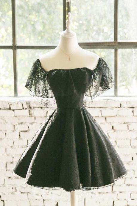 Black Off Shoulder Lace Sweetheart Lovely Short Homecoming Dress, Black Party Dress