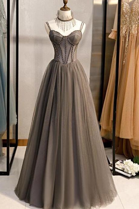 Grey Sweetheart Beaded Straps Long Tulle Prom Dress, Grey A-line Formal Dress Evening Dress