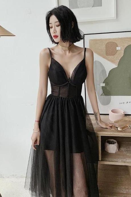 Chic Black Tulle V-neckline Party Dress With Straps Formal Dress, Black Evening Dress