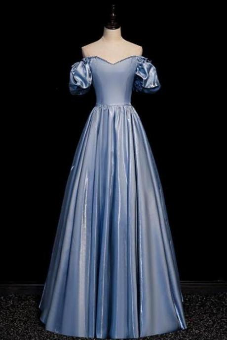 Blue Satin Beaded Off Shoulder Long Princess Party Dress Prom Dress, Long Evening Dress