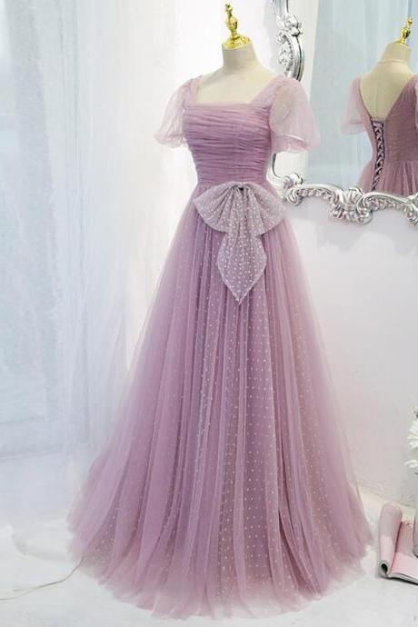Light Purple Princess Short Sleeves Long A-line Formal Dress, Beautiful Evening Gown