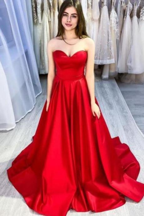 Red Satin Sweetheart Simple Long Prom Dress Party Dress, Red Formal Dresses