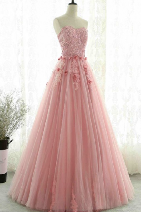 Pink Tulle Scoop Ball Gown Party Dress With Lace Flowers, Pink Sweet 16 Dresses