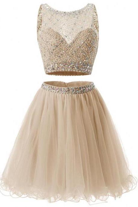 Two Piece Champagne Beaded Tulle Homecoming Dress, Short Prom Dress Party Dress