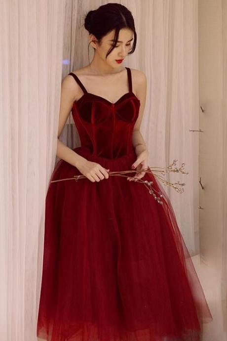 Wine Red Tea Length Velvet Top And Tulle Party Dress, Dark Red Straps Evening Dress