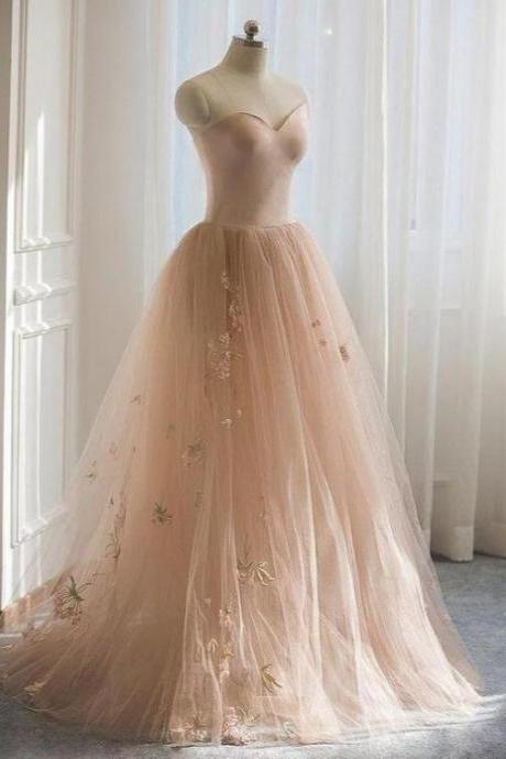 Champagne Lace Sweetheart Tulle A-line Long Formal Dress, Floor Length Evening Dresses
