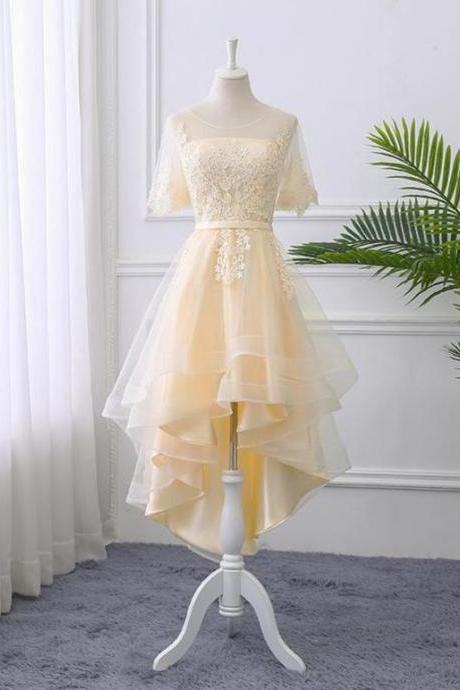 Adorable Light Champagne High Low Party Dress With Lace Applique, Short Homecoming Dress