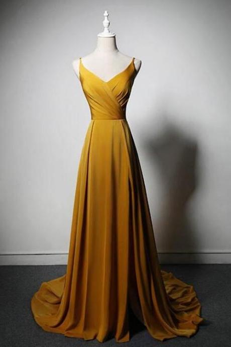 Goleden V-neckline Straps Long Party Dress With Leg Slit, Long Gold Evening Dress Prom Dress