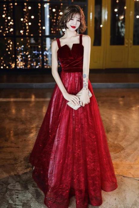 Wine Red A-line Floor Length Velvet And Tulle Straps Evening Dress Prom Dress, Dark Red Party Dress