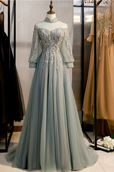 Charming Tulle Long Sleeves Beaded And Lace Long Party Dress, A-line Tulle Formal Gown