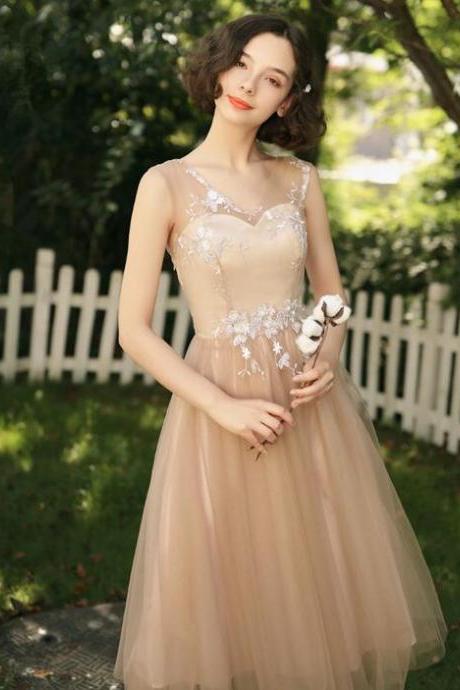 Lovely Champagne Tea Length Tulle With Lace Bridesmaid Dress, Cute Homecoming Dress Prom Dress
