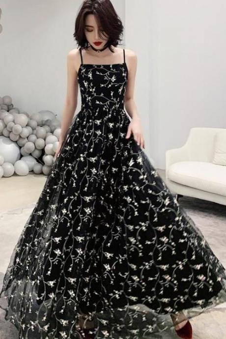 Black Floral Simple Pretty Straps A-line Long Evening Dress Prom Dress, Black Floor Length Party Dress