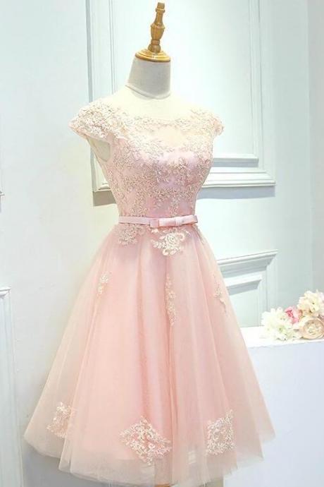 Pink Tulle Cap Sleeves Lace Applique Party Dress Homecoming Dress, Short Prom Dress