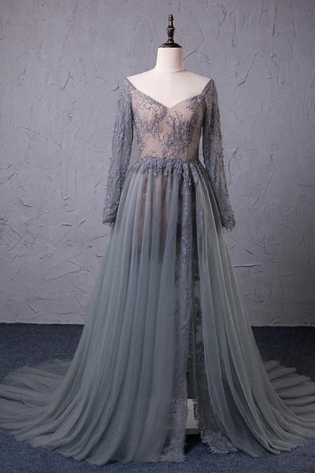 Grey Tulle And Lace Beaded Long Sleeves Slit Prom Dress, Grey A-line Formal Dress Party Dress