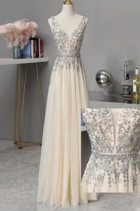 Light Champagne V-neckline Beaded And Lace Long Prom Dress, A-line Tulle V Back Party Dress