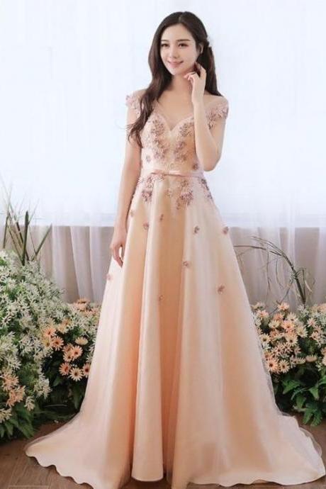 Champagne Satin And Tulle Long Party Dress With Flowers Lace, A-line Round Neckline Prom Dress Evening Dress