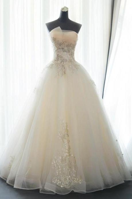 Ivory Tulle Ball Gown With Lace Long Wedding Party Dress, Ivory Floor Length Formal Gown