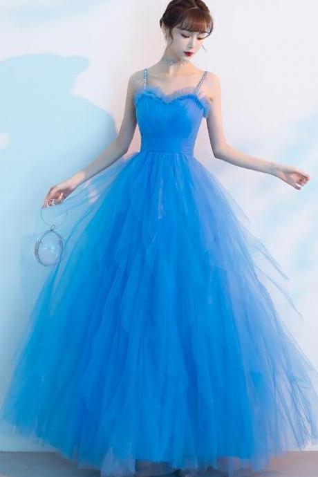 Blue Straps Sweetheart Tulle Long Formal Dress Evening Dress, Beautiful Blue Prom Dress