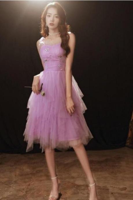 Lovely Light Purple Cute Tulle Straps Short Prom Dress, Purple Homecoming Dress