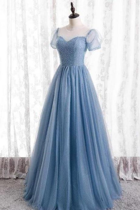 Light Blue Beaded Cap Sleeves Tulle Long Formal Dress, Blue A-line Prom Dress Evening Gown