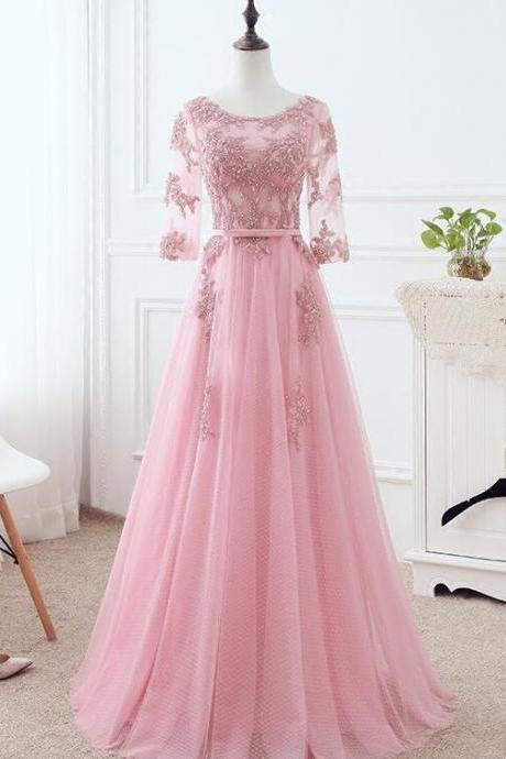 Pink Tulle Elegant Party Dress With Lace, Pink A-line Formal Dress Bridesmaid Dress