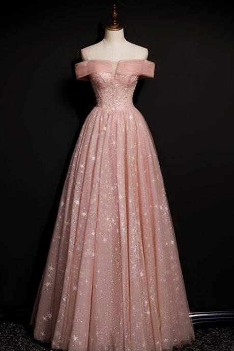Off Shoulder Pink Tulle Long A-line Prom Dress With Beadings, Pink Long Party Dress Evening Dress