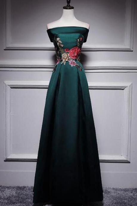 Dark Green Satin Off Shoulder Floor Length Satin Party Dress, Green Prom Dress Formal Dress