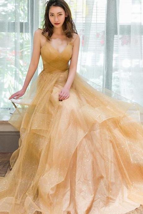 Light Champagne V-neckline Layers Straps Shiny Tulle Party Dress, Champagne Evening Gown Formal Dress
