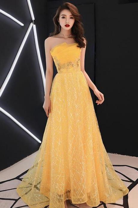 Unique Yellow Tulle Style Beaded Flowers Formal Gown, Yellow Long Prom Dress Party Dress