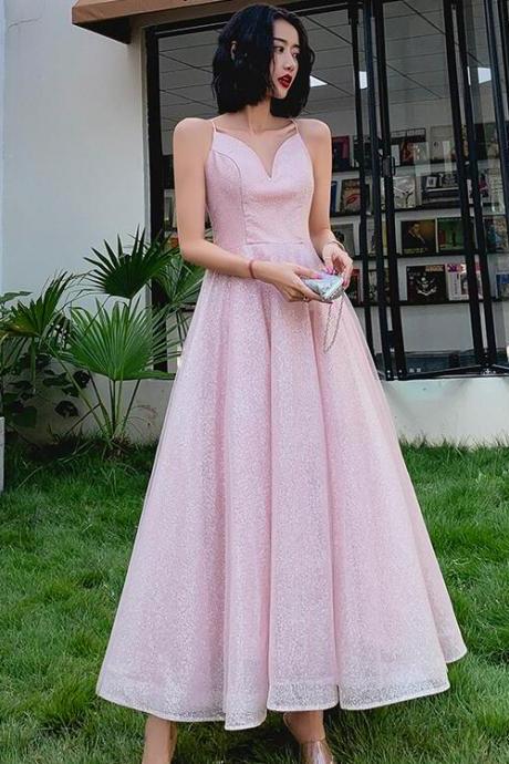 Pink V-neckline Sequins V-necckline Straps Party Dress, Pink Shiny Evening Dress Prom Dress