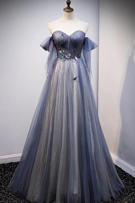 Blue And Grey Tulle Long Sweetheart Style Party Dress, Tulle A-line Formal Dress