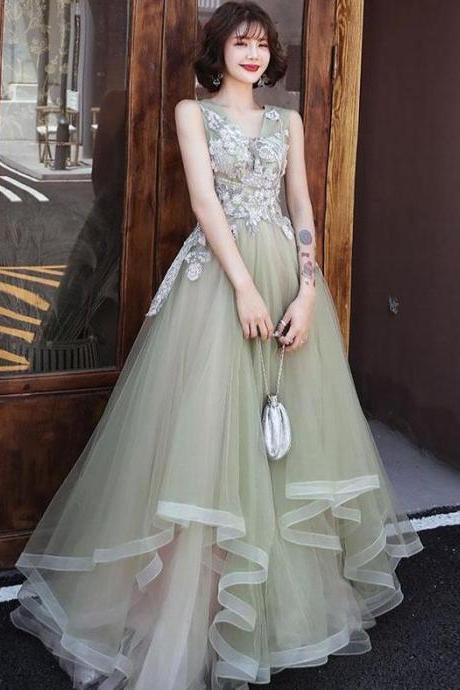 Light Mint Green V-neckline Lace Tulle Formal Dress, Layers Long Cute Party Dress Prom Dress