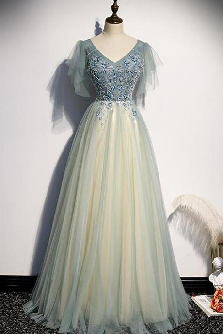 Lovely Tulle With Beaded V-neckline Long Party Dress, A-line Prom Dress Evening Dress