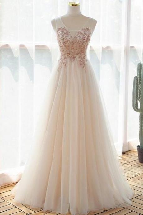 Beautiful Ivory V-neckline Floor Length Tulle Prom Dress, Beaded Formal Dress Evening Dress