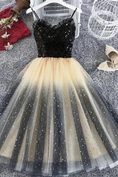 Lovely Gradient Tulle Black Top Short Party Dress, Spaghetti Strap Cute Homecoming Dress